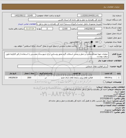 استعلام عملیات تهیه مصالح و پخت و حمل و پخش اسفالت گرم محور روستایی نزاع شهرستان ممسنی با استفاده از قیر کارفرما طبق براورد پیوست