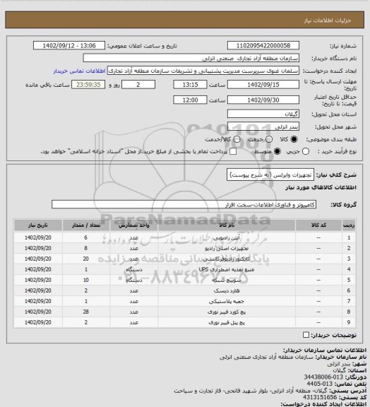 استعلام تجهیزات وایرلس (به شرح پیوست)