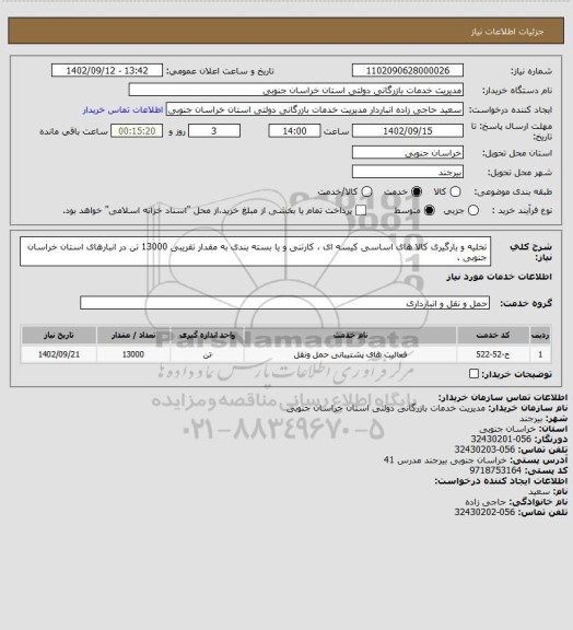 استعلام تخلیه و بارگیری کالا های اساسی کیسه ای ، کارتنی و یا بسته بندی به مقدار تقریبی 13000 تن در انبارهای استان خراسان جنوبی .