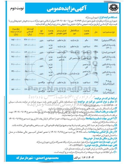  مزایده فروش خودروهای زانتیا و ...- نوبت دوم