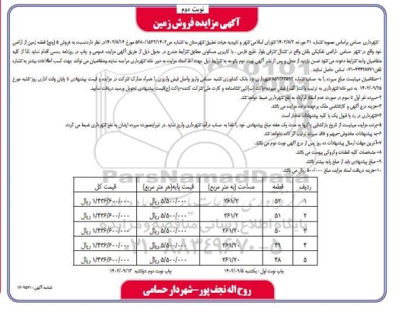 مزایده فروش پنج قطعه زمین از اراضی خود با کاربری مسکونی  - نوبت دوم