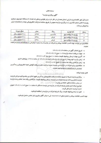 مزایده فروش تعداد 3 دستگاه خودروی سواری پژو 405 قابل شماره گذاری