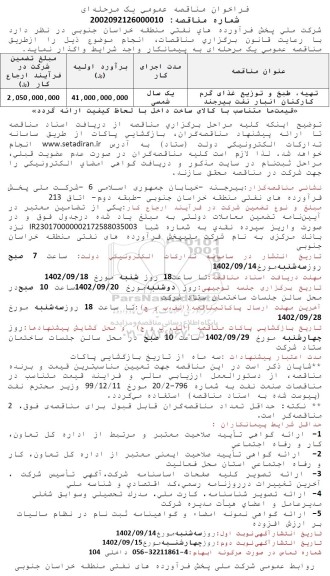مناقصه تهیه طبخ و توزیع غذای گرم کارکنان نوبت دوم