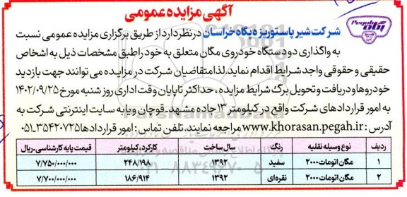 مزایده واگذاری دو دستگاه خودروی مگان