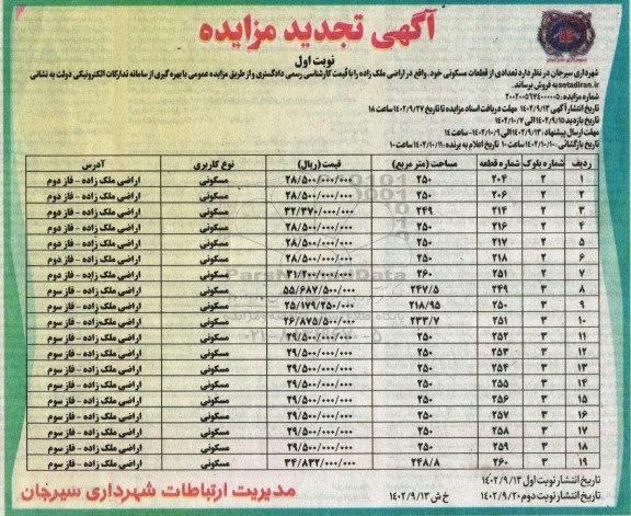 تجدید مزایده فروش تعدادی از قطعات مسکونی