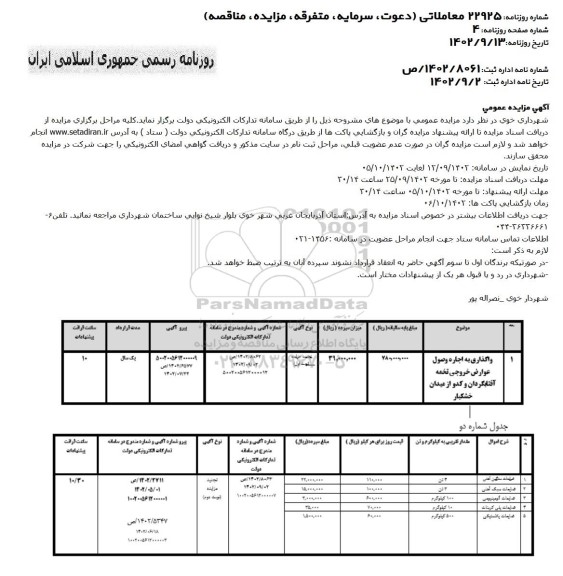 مزایده عمومی واگذاری به اجاره وصول عوارض خروجی تخمه آفتابگردان ....