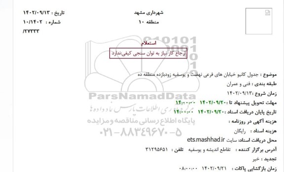 استعلام  جدول کانیو خیابان های فرعی