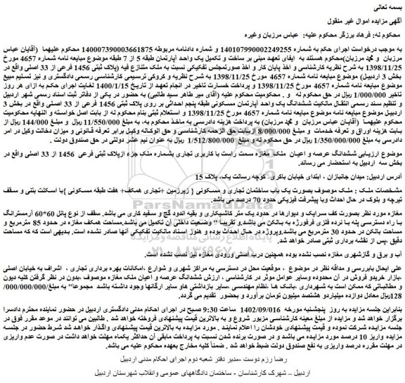 مزایده فروش ملک متنازع فیه (پلاک ثبتی 1456 فرعی از 33 اصلی