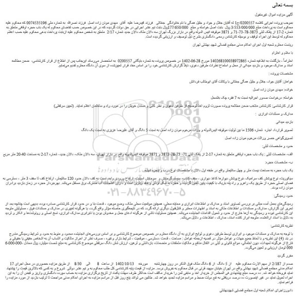 مزایده یک باب حجره به مساحت بیست متر و چهل سانتیمتر 