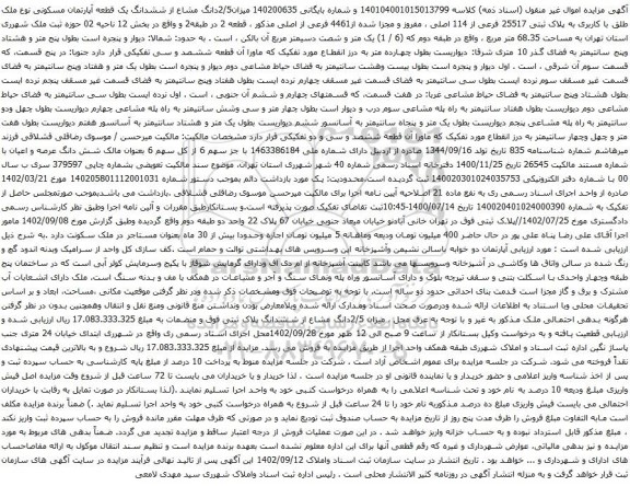 آگهی مزایده 2/5دانگ مشاع از ششدانگ یک قطعه آپارتمان مسکونی نوع ملک طلق با کاربری به پلاک ثبتی 25517 فرعی از 114 اصلی