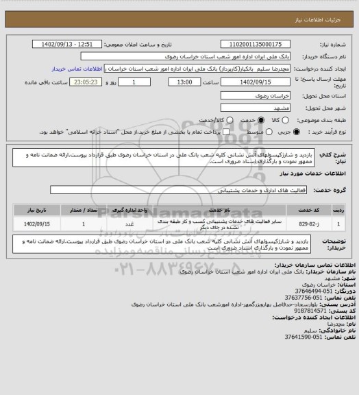 استعلام بازدید و شارژکپسولهای آتش نشانی  کلیه شعب بانک ملی در استان خراسان رضوی طبق قرارداد پیوست.ارائه ضمانت نامه و ممهور نمودن و بارگذاری اسناد ضروری است.