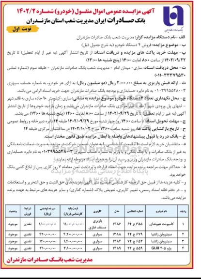 آگهی مزایده عمومی فروش ۴ دستگاه خودرو