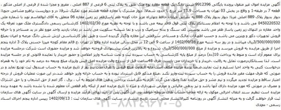 آگهی مزایده شش دانگ یک قطعه مغازه نوع ملک طلق به پلاک ثبتی 6 فرعی از 887 اصلی ، مفروز و مجزا شده از فرعی از اصلی
