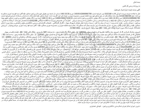 مزایده فروش  شش دانگ یک قطعه زمین ، به مساحت 365 مترمربع ، پلاک ثبتی 142 / 60  
