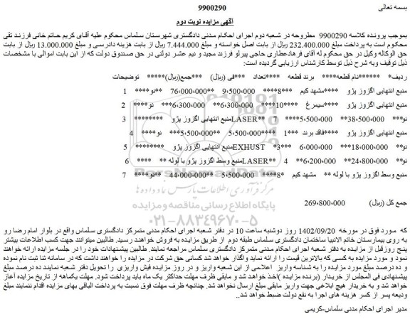 مزایده فروش منبع انتهایی اگزوز پژو  و...