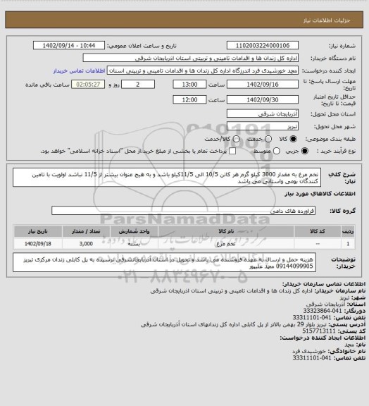 استعلام تخم مرغ به مقدار 3000 کیلو گرم هر کاتن  10/5 الی 11/5کیلو باشد و به هیج عنوان بیشتر از 11/5 نباشد اولویت با تامین کنندگان بومی واستانی می باشد