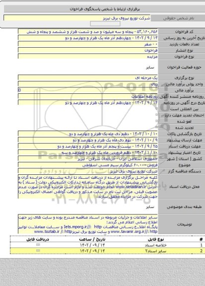 مزایده, فروش ۶۰.۰۰۰ کیلوگرم سیم مسی اسقاطی