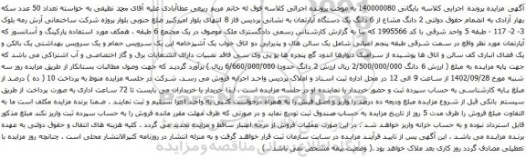 آگهی مزایده 2 دانگ مشاع از 6 دانگ یک دستگاه آپارتمان