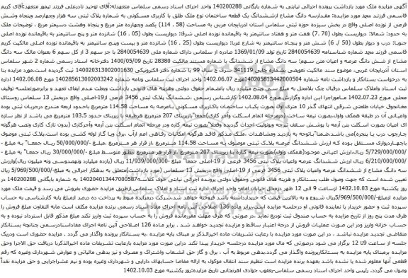 آگهی مزایده سه دانگ مشاع ازششدانگ یک قطعه ساختمان نوع ملک طلق با کاربری مسکونی به شماره پلاک ثبتی سه هزار وچهارصد وپنجاه وشش فرعی از نوزده اصلی 