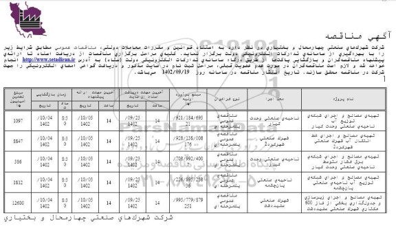 مناقصه تهیه ی مصالح و اجرای شبکه ی توزیع آب ناحیه صنعتی....