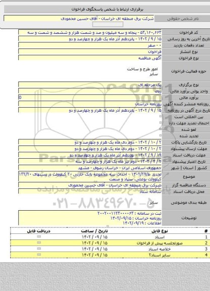 مناقصه, تجدید ط/۱۴۰۲/۲۲ - احداث سه مجموعه بانک خازنی ۲۰ کیلوولت در پستهای ۱۳۲/۲۰ کیلوولت بوعلی، سپاد و صنعت