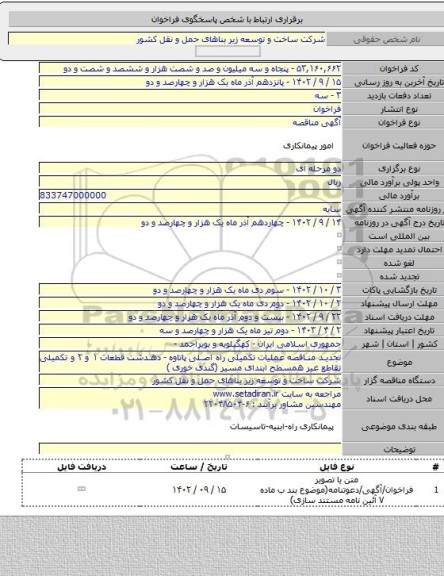 مناقصه, تجدید مناقصه عملیات تکمیلی راه اصلی پاتاوه - دهدشت قطعات ۱ و ۲ و تکمیلی تقاطع غیر همسطح ابتدای مسیر (گندی خوری )
