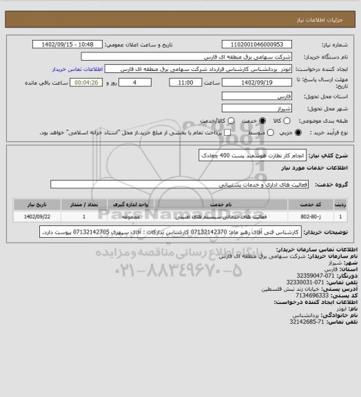 استعلام انجام کار نظارت هوشمند پست 400 چغادک
