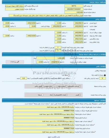 مزایده ، فروش و واگذاری 6 قطعه زمین مسکونی درکوی ولیعصر متعلق به سازمان حمل و نقل ریلی شهرداری تبریز (تجدید2) -مزایده زمین - اس