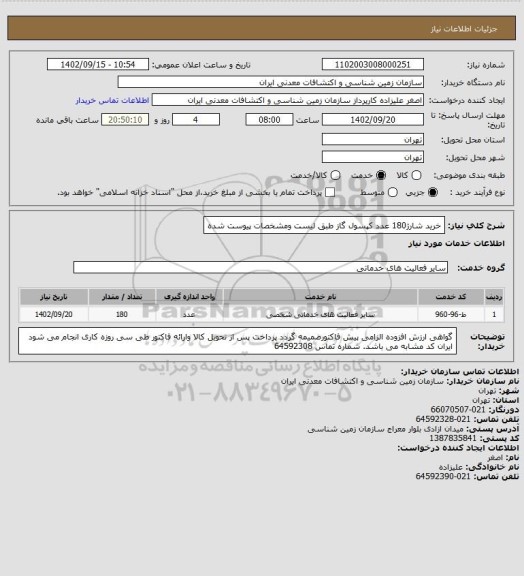استعلام خرید شارژ180 عدد کپسول گاز طبق لیست ومشخصات پیوست شده