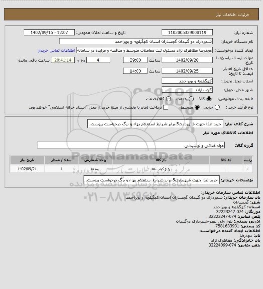 استعلام خرید غذا جهت شهرداری5-برابر شرایط استعلام بهاء و برگ درخواست پیوست.