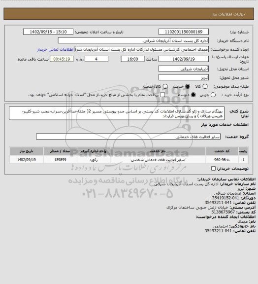 استعلام بهنگام سازی و ژئو کد سازی اطلاعات کد پستی بر اساس جدو پیوستی مسیر 2( جلفا-خداآفرین-سراب-عجب شیر-کلیبر-هریس-ورزقان ) و پیش نویس قرارداد