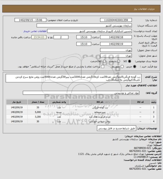 استعلام رب گوجه فرنگی5کیلوگرمی تعدا35عدد
کره10گرمی تعداد3200عدد
پنیر30گرمی تعداد5000عدد
روغن مایع سرخ کردنی حلب16کیوگرمی به تعداد30حلب