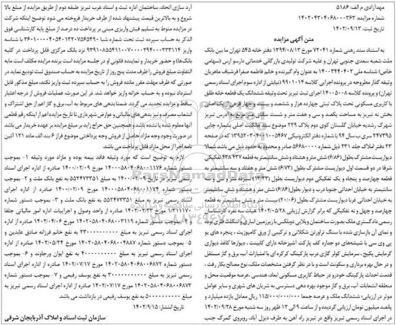مزایده فروش ششدانگ یک قطعه خانه طلق با کاربری مسکونی 