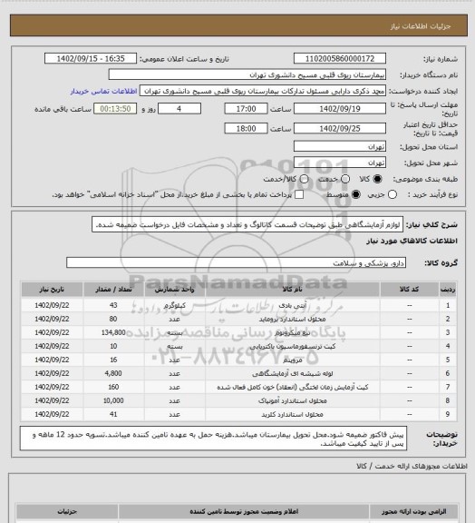 استعلام لوازم آزمایشگاهی طبق توضیحات قسمت کاتالوگ و تعداد و مشخصات فایل درخواست ضمیمه شده.