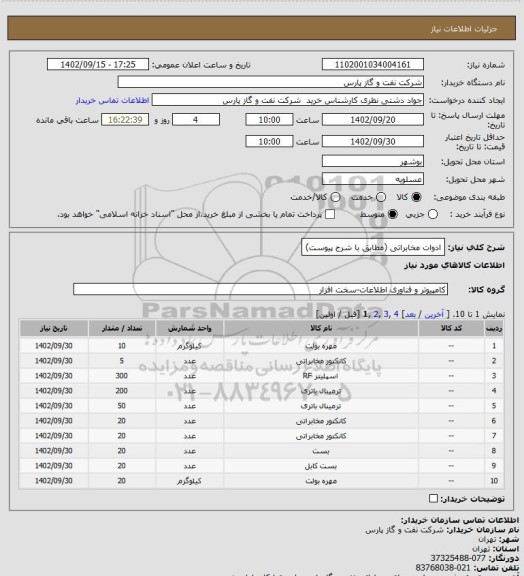 استعلام ادوات مخابراتی (مطابق با شرح پیوست)