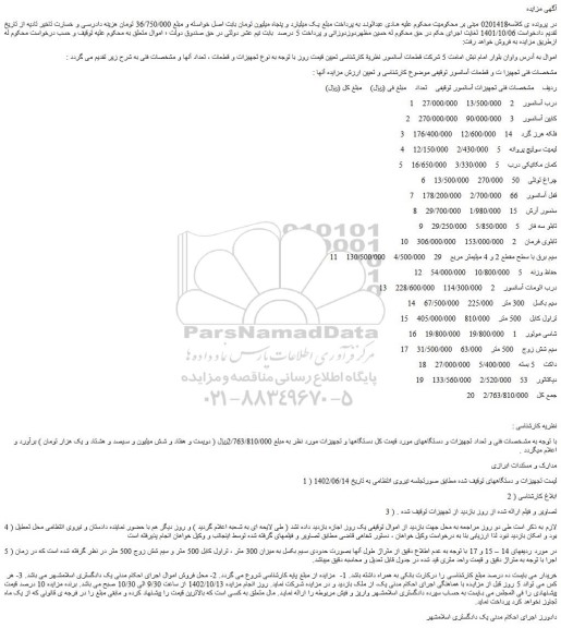 مزایده تجهیزات و قطعات آسانسور شامل درب آسانسور، کابین آسانسور و.....