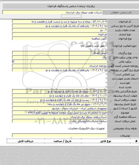مناقصه, خرید با آزمایش ۵ ست از سیل رینگ دیوایدد مربوط به توربین گازیV۹۴.۲