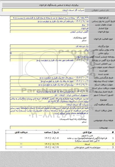 مناقصه, تجدید مناقصه تهیه مصالح واجرای کامل کارهای ابنیه تاسیسات مکانیکی و برقی پروژه احداث ساختمان وعملیات گاز ناحیه انار