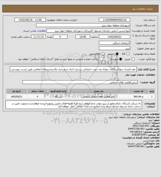 استعلام عقد قرارداد چهاردستگاه سواری ون جهت جابجائی پرسنل اداری شهرداری م4درمسیرهای اعلامی طبق لیست پیوستی