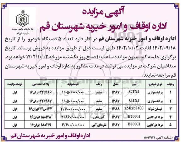 مزایده واگذاری تعداد 5 دستگاه خودرو