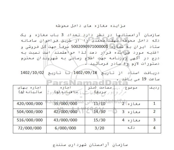 مزایده مغازه های داخل محوطه