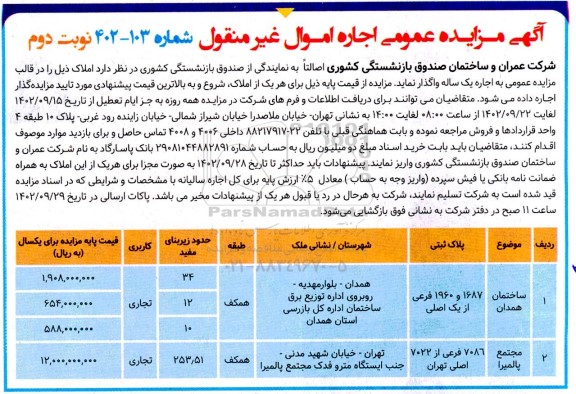 مزایده اجاره املاک  - نوبت دوم 