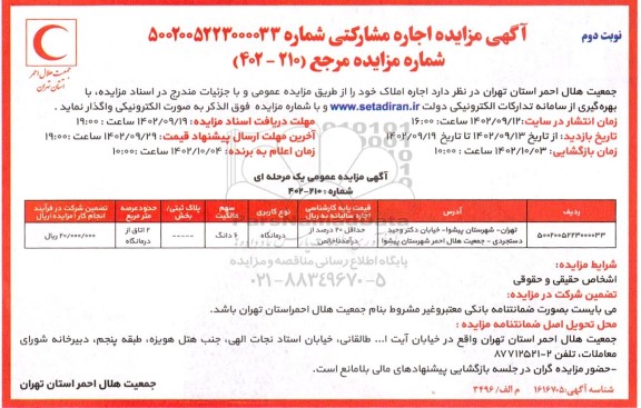 مزایده اجاره مشارکتی ملک با کاربری درمانگاه ـ نوبت دوم