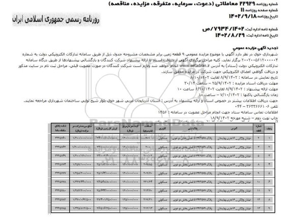 تجدید مزایده 9 قطعه زمین با کاربری مسکونی