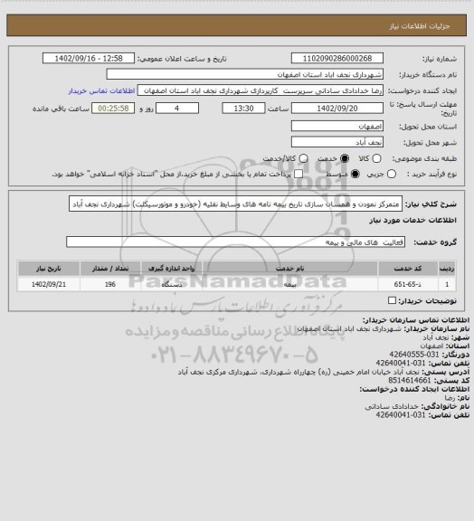 استعلام متمرکز نمودن و همسان سازی تاریخ بیمه نامه های وسایط نقلیه (خودرو و موتورسیکلت) شهرداری نجف آباد