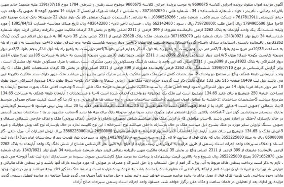 مزایده ششدانگ یک واحد آپارتمان به پلاک 2262 فرعی