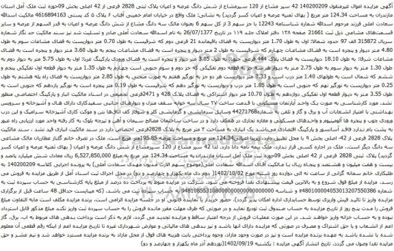 مزایده شش دانگ عرصه و اعیان پلاک ثبتی 2828 فرعی از 42 اصلی