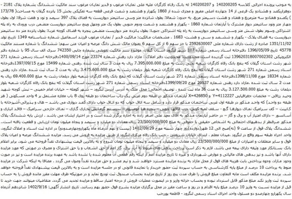 مزایده ششدانگ بشماره پلاک 2181 -دوهزاریکصد و هشتادو یک فرعی از 14 