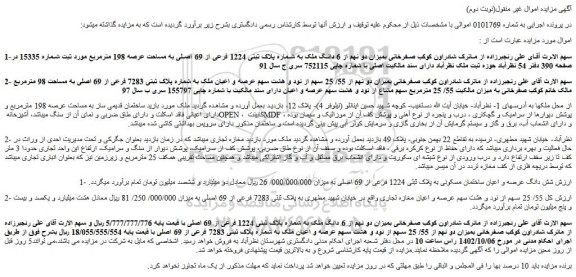 مزایده فروش میزان دو نهم از 6 دانگ ملک به شماره پلاک ثبتی 1224 فرعی از 69 اصلی به مساحت عرصه 198 مترمربع