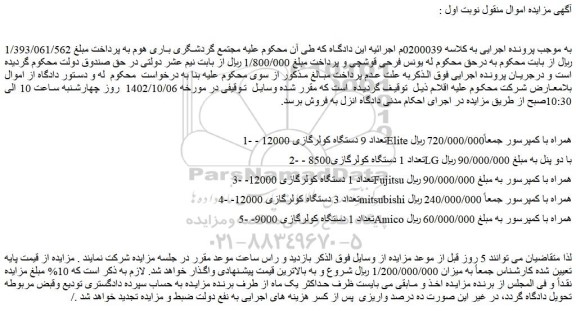 مزایده فروش تعداد 9 دستگاه کولرگازی 12000 -Elite همراه با کمپرسور و...